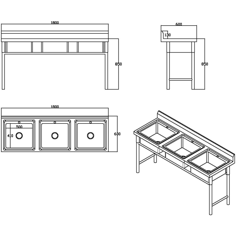 Commercial Stainless Steel Triple Sink with Splashback and Stand 1800x600x850mm | Stalwart DA-QNH704