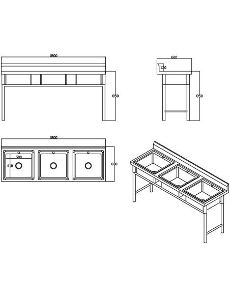 Commercial Stainless Steel Triple Sink with Splashback and Stand 1800x600x850mm | Stalwart DA-QNH704