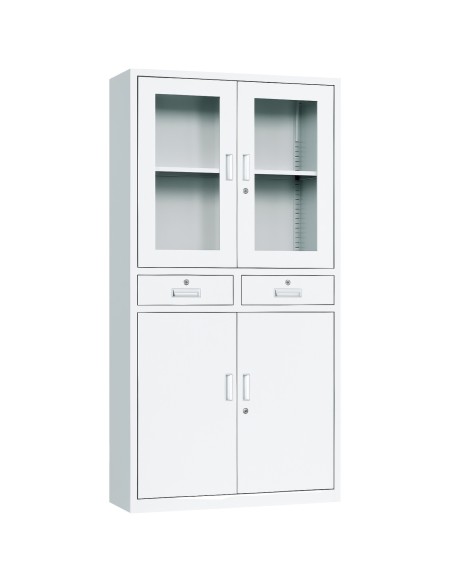 Professional Filing Cabinet with Glass & Metal Doors and 2 Drawers 900x390x1800mm White | Stalwart DA-HDWB24