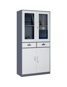 Professional Filing Cabinet with Glass & Metal Doors and 2 Drawers 900x390x1800mm Gray-White | Stalwart DA-HDWSB24