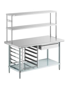 Commercial Stainless Steel Work Table with Overshelf, Drawer & GN Pan Rack 1500x700x1700mm | Stalwart DA-WT70150PS