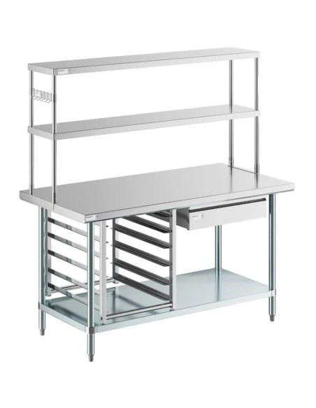 Commercial Stainless Steel Work Table with Overshelf, Drawer & GN Pan Rack 1500x700x1700mm | Stalwart DA-WT70150PS