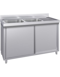 Commercial Stainless Steel Sink with Cupboard & Splashback 2 Bowls Left Side 1500x600x850mm | Stalwart DA-QNH1008