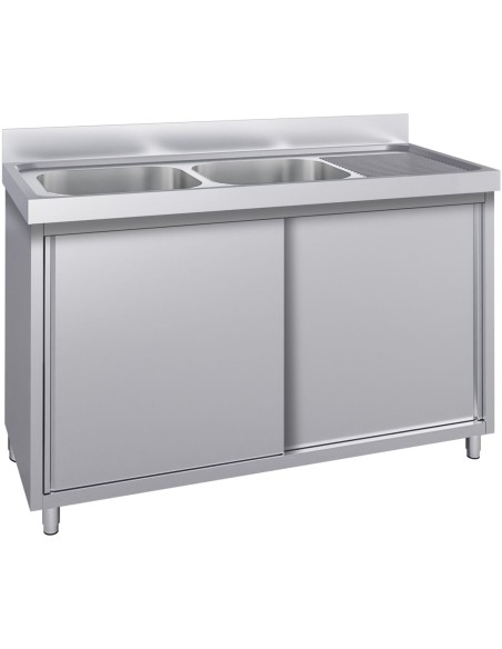 Commercial Stainless Steel Sink with Cupboard & Splashback 2 Bowls Left Side 1500x600x850mm | Stalwart DA-QNH1008