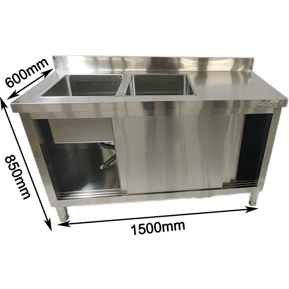 Commercial Stainless Steel Sink with Cupboard & Splashback 2 Bowls Left Side 1500x600x850mm | Stalwart DA-QNH1008