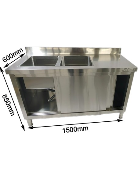 Commercial Stainless Steel Sink with Cupboard & Splashback 2 Bowls Left Side 1500x600x850mm | Stalwart DA-QNH1008
