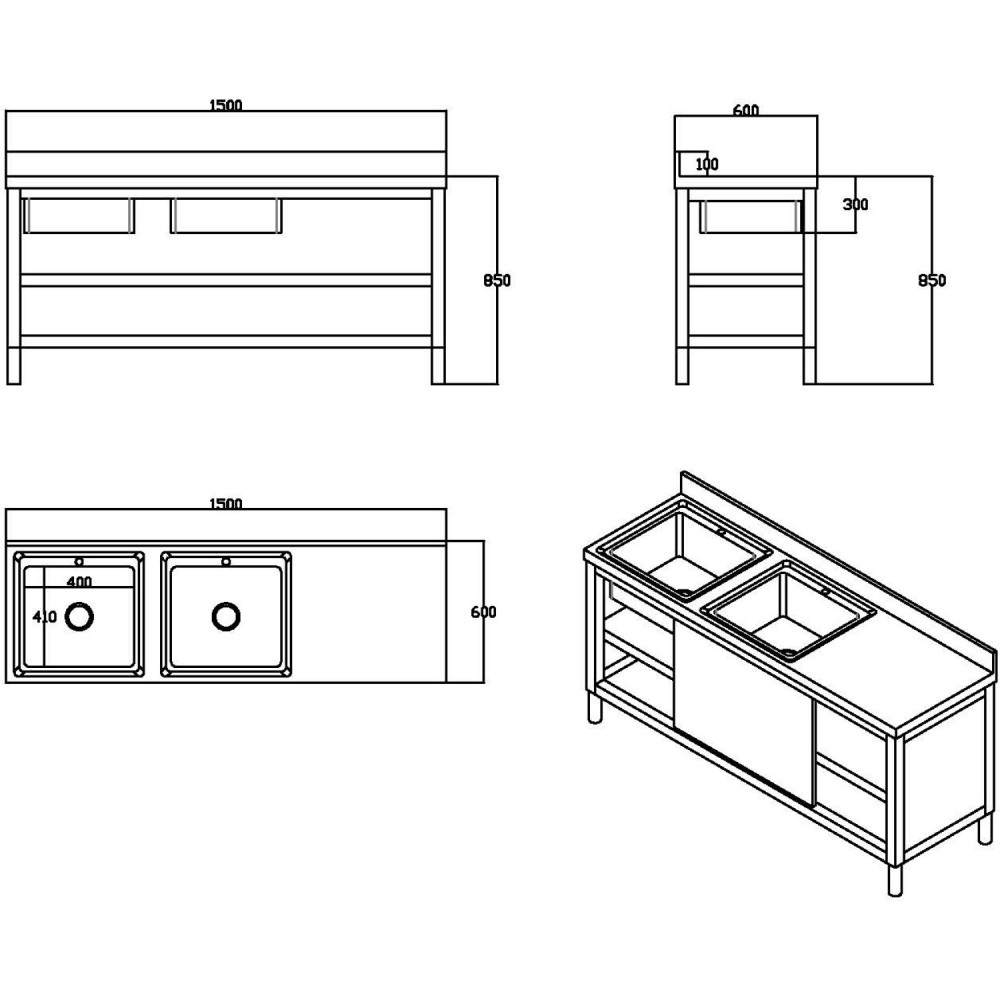 Commercial Stainless Steel Sink with Cupboard & Splashback 2 Bowls Left Side 1500x600x850mm | Stalwart DA-QNH1008
