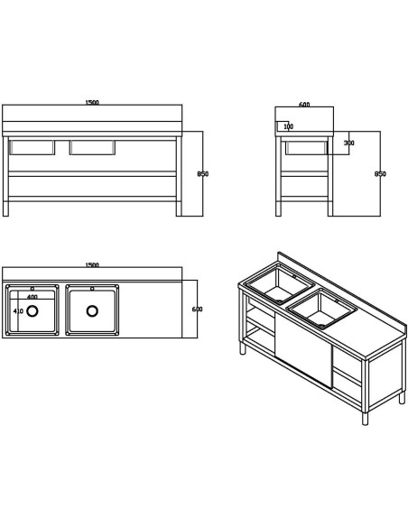 Commercial Stainless Steel Sink with Cupboard & Splashback 2 Bowls Left Side 1500x600x850mm | Stalwart DA-QNH1008