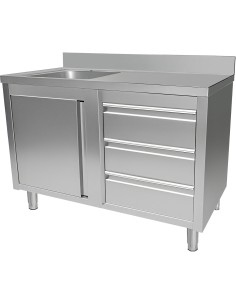 Commercial Sink with Cupboard and 3 Drawers Stainless Steel 1 Bowl Left Splashback 1200x600x950mm | Stwalwart DA-VSC126LBS3RD