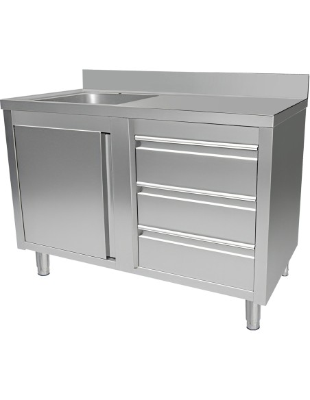 Commercial Sink with Cupboard and 3 Drawers Stainless Steel 1 Bowl Left Splashback 1200x600x950mm | Stwalwart DA-VSC126LBS3RD