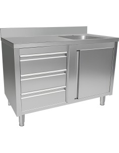 Commercial Sink with Cupboard and 3 Drawers Stainless Steel 1 Bowl Right Splashback 1200x600x950mm | Stwalwart DA-VSC126RBS3LD