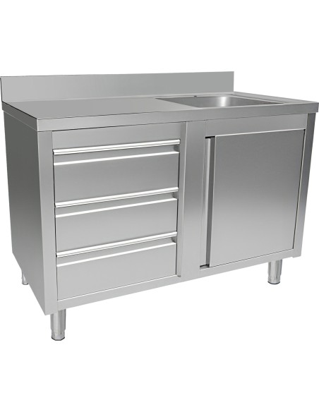 Commercial Sink with Cupboard and 3 Drawers Stainless Steel 1 Bowl Right Splashback 1200x600x950mm | Stwalwart DA-VSC126RBS3LD