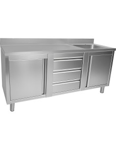 Commercial Sink with 2 Cupboards and 3 Drawers Stainless Steel 1 Bowl Right Splashback 2100x600x950mm | Stwalwart DA-VSC216RBS3M