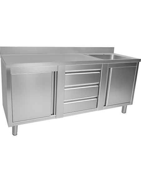 Commercial Sink with 2 Cupboards and 3 Drawers Stainless Steel 1 Bowl Right Splashback 2100x600x950mm | Stwalwart DA-VSC216RBS3M