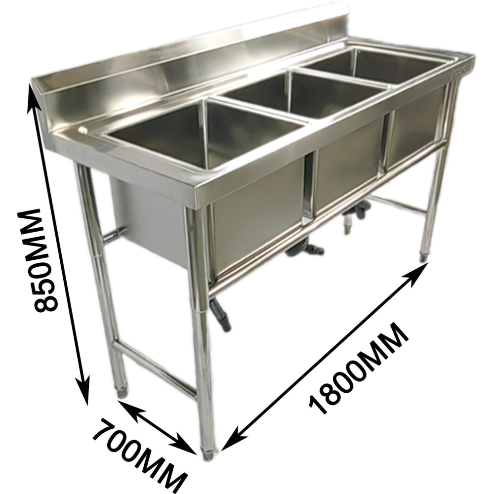 Commercial Stainless Steel Triple Sink with Splashback and Stand 1800x700x850mm | Stalwart DA-QNH708