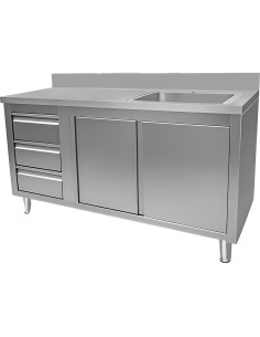 Commercial Sink with Cupboard and 3 Drawers Stainless Steel 1 Bowl Right Splashback 1500x600x950mm | Stwalwart DA-VSC156RBS3LD