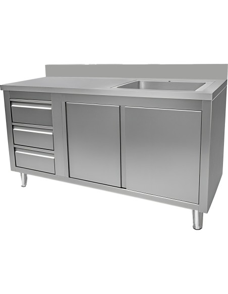 Commercial Sink with Cupboard and 3 Drawers Stainless Steel 1 Bowl Right Splashback 1500x600x950mm | Stwalwart DA-VSC156RBS3LD