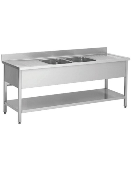 Commercial Sink Stainless Steel 2 Bowls Bottom Shelf Splashback 1800x700x950 | Stalwart DA-YLS187BM2