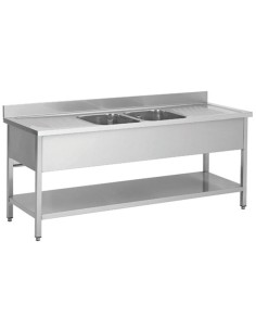 Commercial Sink Stainless Steel 2 Bowls Bottom Shelf Splashback 2000x600x950 | Stalwart DA-YLS206BM2