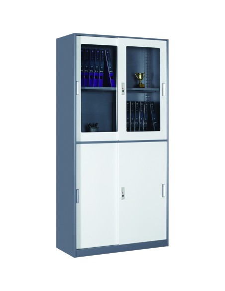 Professional Filing Cabinet with Glass & Metal Sliding Doors 900x390x1800mm Gray-White | Stalwart DA-HDYSB04