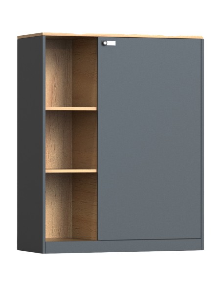 Professional Knock-Down Metal Storage Cabinet with Open & Enclosed Shelves Wooden Effect Dark Gray 900x390x1120mm | Stalwart