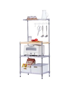 Chrome 4-Tier Kitchen Storage Rack with Wooden Countertop 550x350x1200mm | Stalwart DA-MGA260