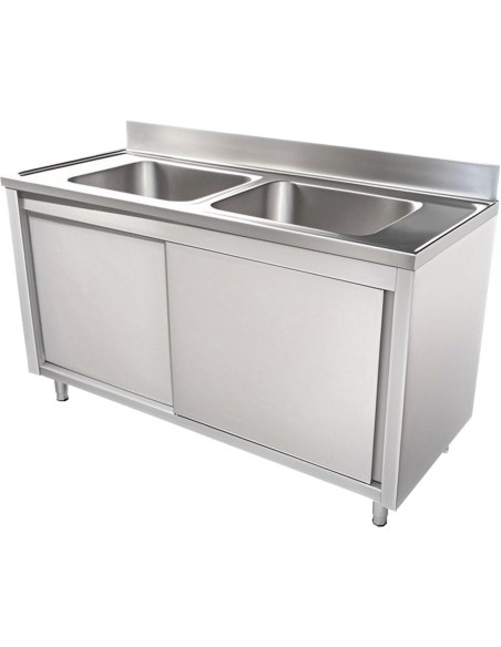 Commercial Stainless Steel Sink with Cupboard & Splashback 2 Bowls 1200x600x850mm