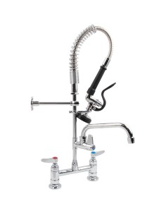 Professional 6-Inch Mini Dual Temperature Pre-Rinse Faucet with Spray Valve and 8" Swing Faucet Deck Mount Chrome Plated Brass