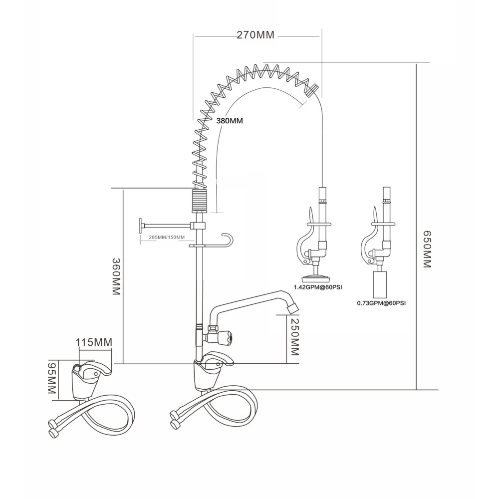 Professional Mini Single Hole Deck Mount Dual Temperature High-Pressure Pre-Rinse Faucet with 8&quot Swing Nozzle Chrome Plated 