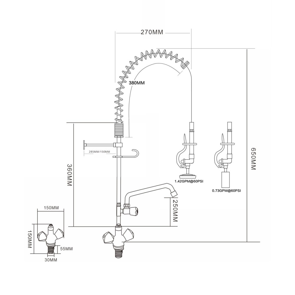 Professional Single Hole Deck Mount Dual Temperature High-Pressure Pre-Rinse Faucet with 8&quot Swing Nozzle Chrome Plated Brass