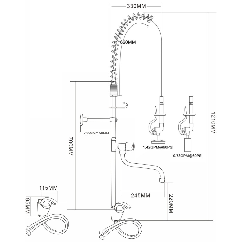 Professional Single Hole Deck Mount Standard Pre-Rinse Faucet with Lever Handle and 12&quot Swing Nozzle Chrome Plated Brass