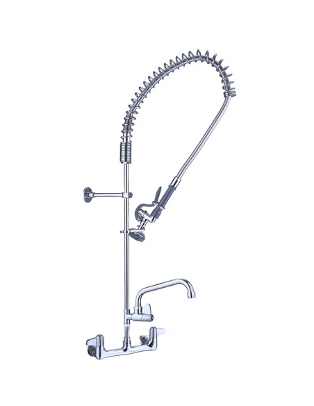 Professional 8" Wall Mount Commercial re-Rinse Faucet with Flexible Hose & Spray Valve & 12" Swing Nozzle Chrome Plated Brass