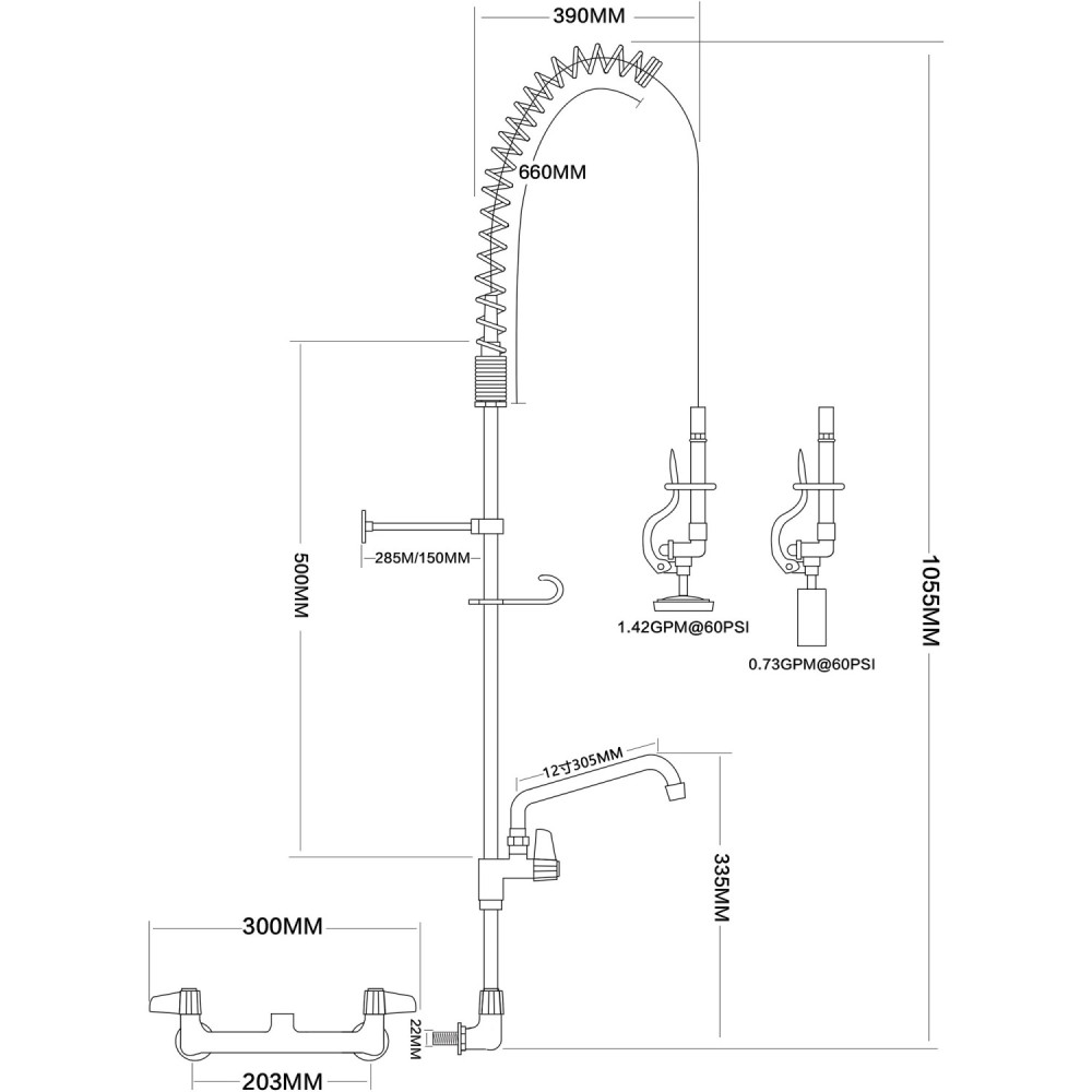 Professional 8" Wall Mount Commercial re-Rinse Faucet with Flexible Hose & Spray Valve & 12" Swing Nozzle Chrome Plated Brass
