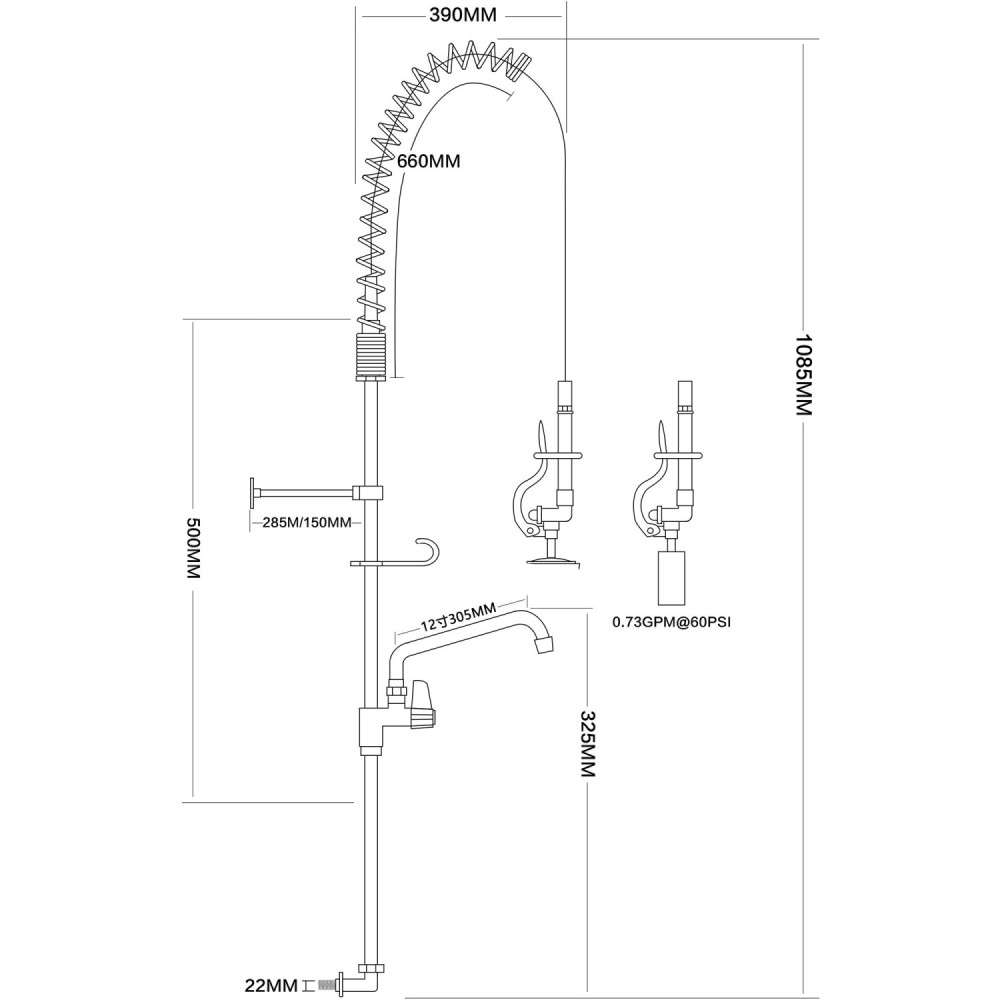 Professional Backsplash Mount Mixing Faucet with 20" Riser & 37" Flexible Hose & 12" Swing Nozzle Chrome Plated Brass