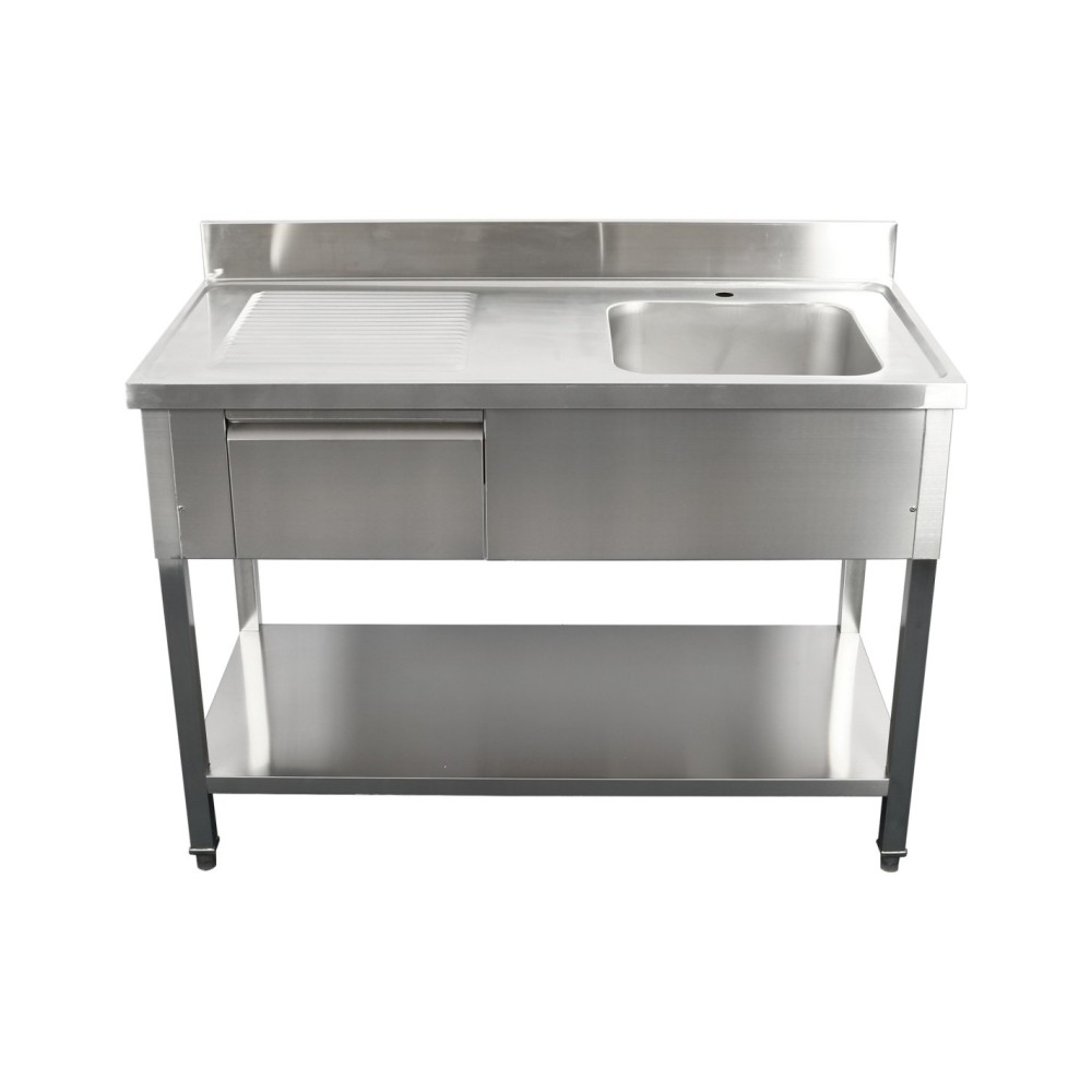 Professional Built to Last Commercial Sink with 1 drawer Stainless steel 1 bowl Right Bottom shelf Splashback 1400x600x950mm For