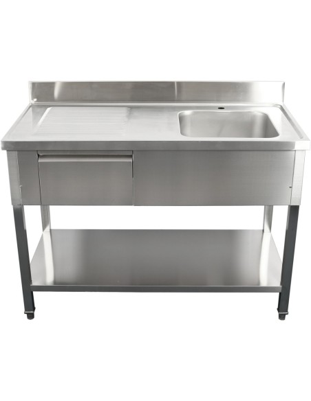 Professional Built to Last Commercial Sink with 1 drawer Stainless steel 1 bowl Right Bottom shelf Splashback 1400x600x950mm For