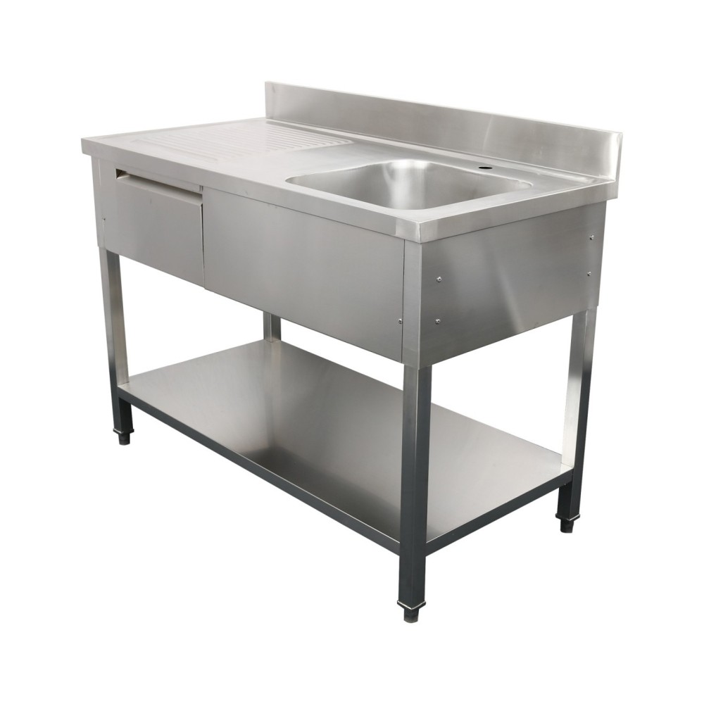 Professional Built to Last Commercial Sink with 1 drawer Stainless steel 1 bowl Right Bottom shelf Splashback 1400x600x950mm For