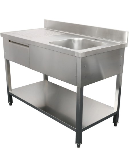 Professional Built to Last Commercial Sink with 1 drawer Stainless steel 1 bowl Right Bottom shelf Splashback 1400x600x950mm For
