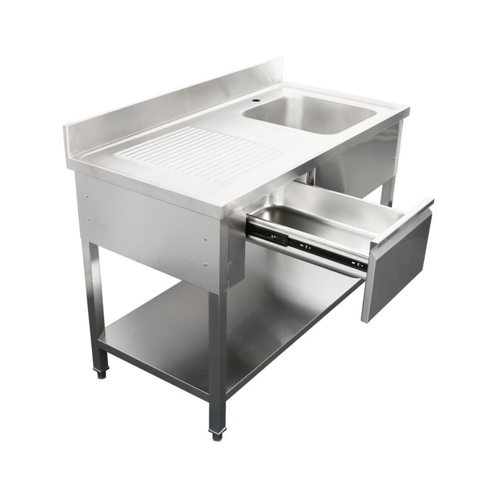 Professional Built to Last Commercial Sink with 1 drawer Stainless steel 1 bowl Right Bottom shelf Splashback 1400x600x950mm For