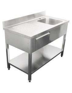Professional Built to Last Commercial Sink with 1 drawer Stainless steel 1 bowl Right Bottom shelf Splashback 1400x600x950mm For