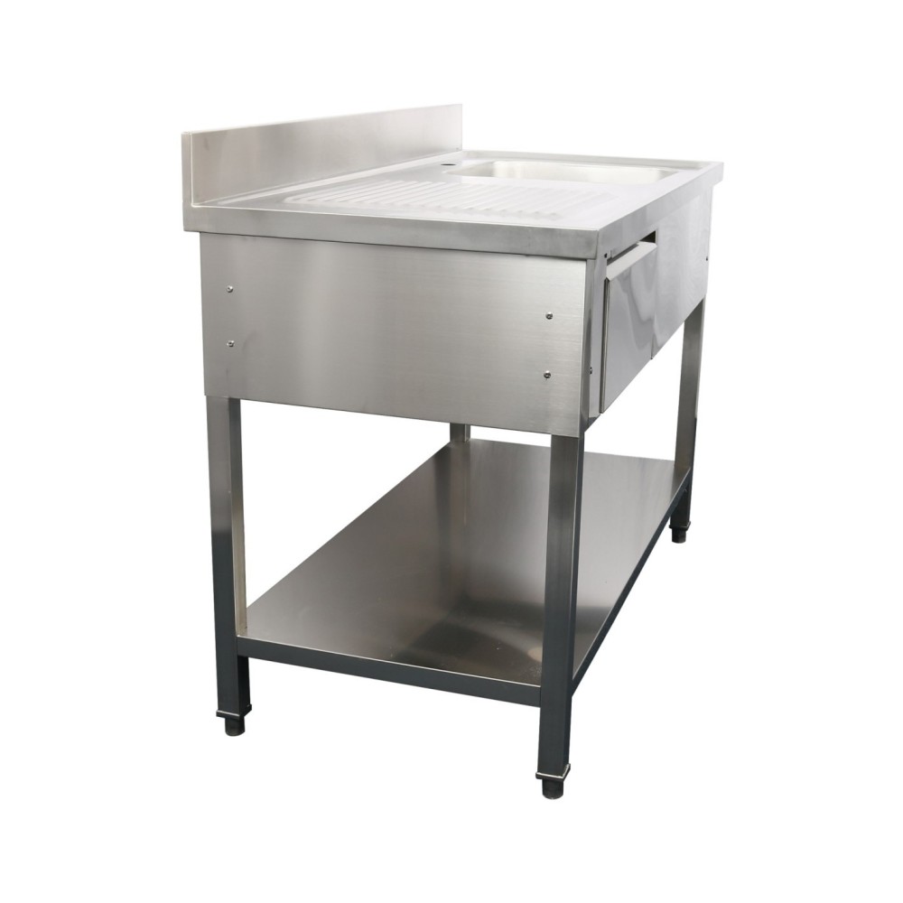 Professional Built to Last Commercial Sink with 1 drawer Stainless steel 1 bowl Right Bottom shelf Splashback 1400x600x950mm For