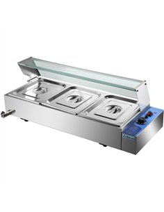 Commercial Bain Marie with Glass top sneeze guard 3xGN1/2 