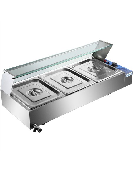 Commercial Bain Marie with Glass top sneeze guard 3xGN1/2 