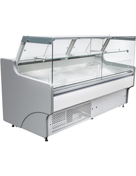 Serve over Deli counter White front Straight glass front Width 2580mm 