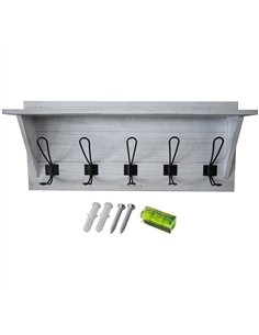 Rustic Wall Mounted 24&quot (610mm) Coat Rack Shelf with 5 Rustic Hooks Solid Pine Wood Whitewash  2