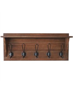 Rustic Wall Mounted 24&quot (610mm) Coat Rack Shelf with 5 Rustic Hooks Solid Pine Wood Brown 