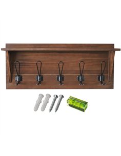 Rustic Wall Mounted 24&quot (610mm) Coat Rack Shelf with 5 Rustic Hooks Solid Pine Wood Brown  2