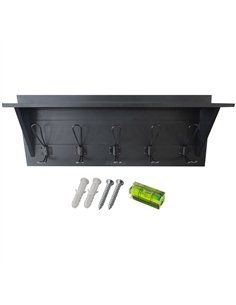 Rustic Wall Mounted 24&quot (610mm) Coat Rack Shelf with 5 Rustic Hooks Solid Pine Wood Black  2