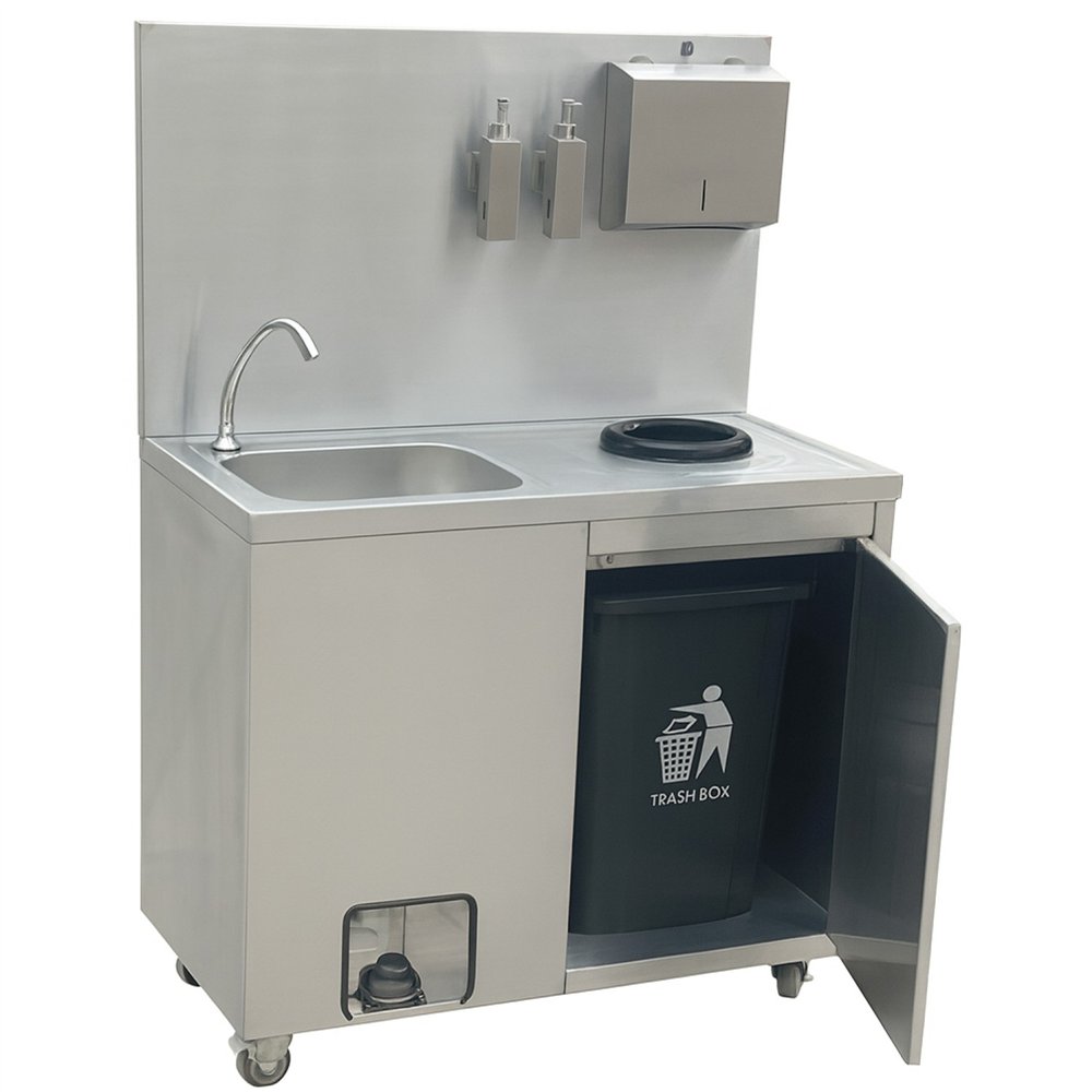 Mobile Stainless Steel Hygiene Station with Pedal Faucet &amp Waste Bin 1000x500x1350mm 