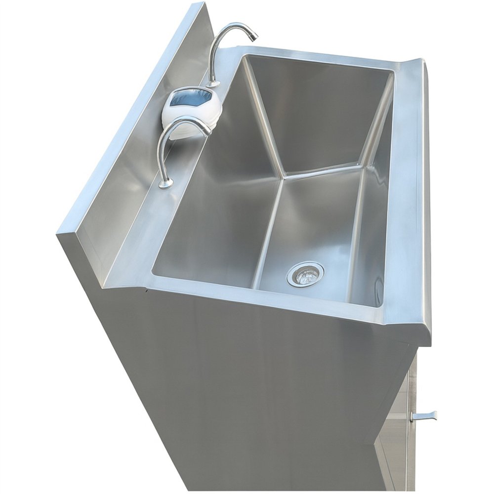 Commercial Stainless Steel Double Scrub Sink with Pedal Controls &amp Dual Faucets 1200x600x1000mm 